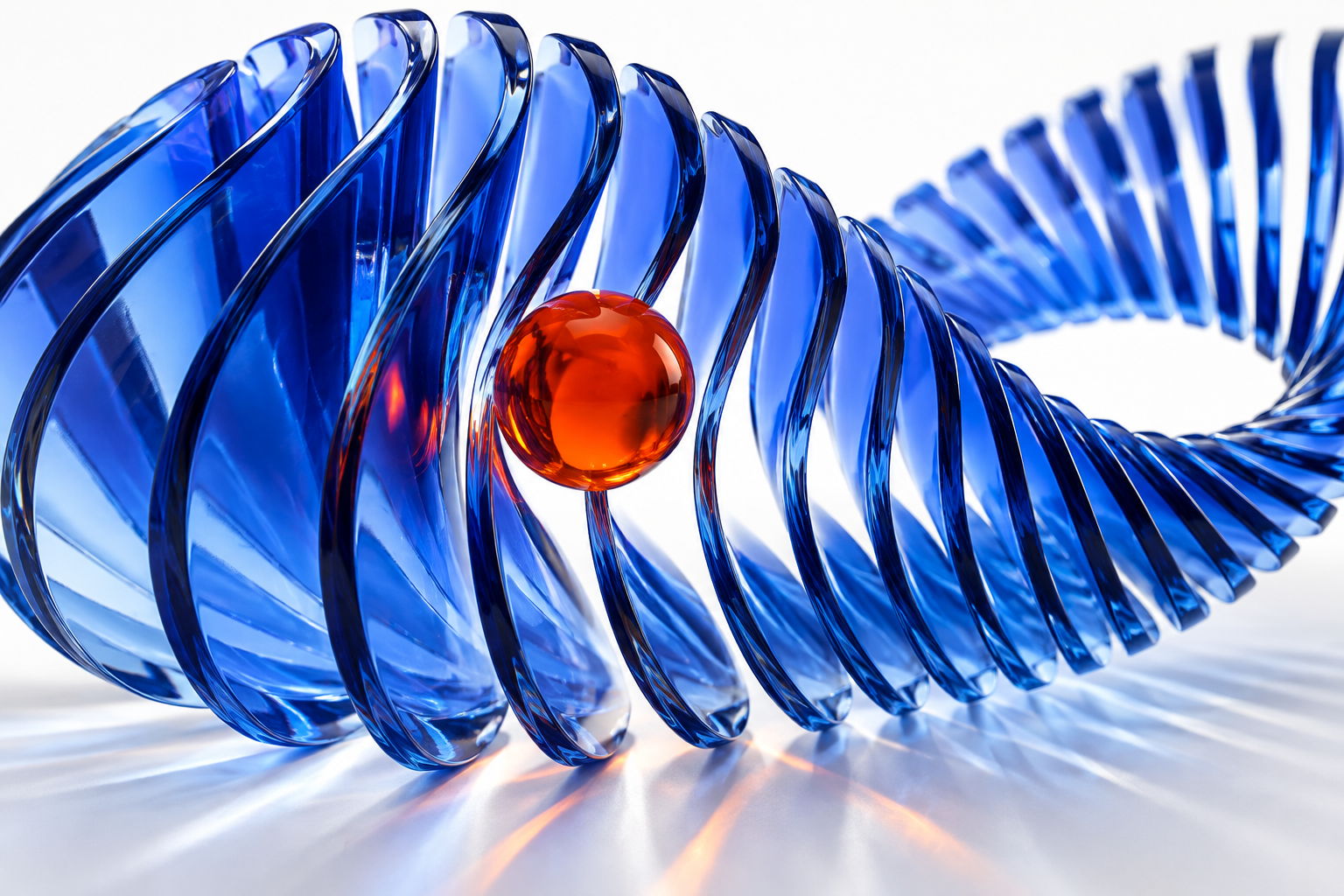 Sculpture en verre cobalt autour d’une sphère orange